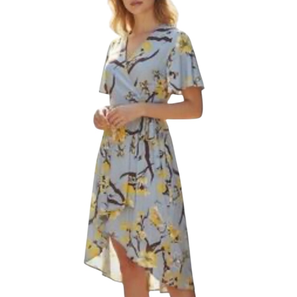 Angie Floral Wrap Maxi Dress Blue Yellow High Low Hem Women's M Beachy Cottage